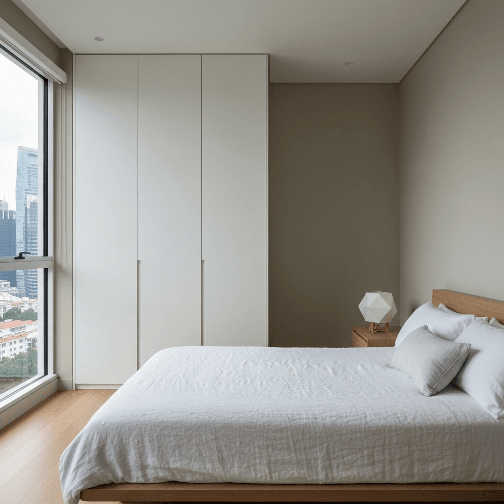 Muji minimalist AI redesign of condo bedroom