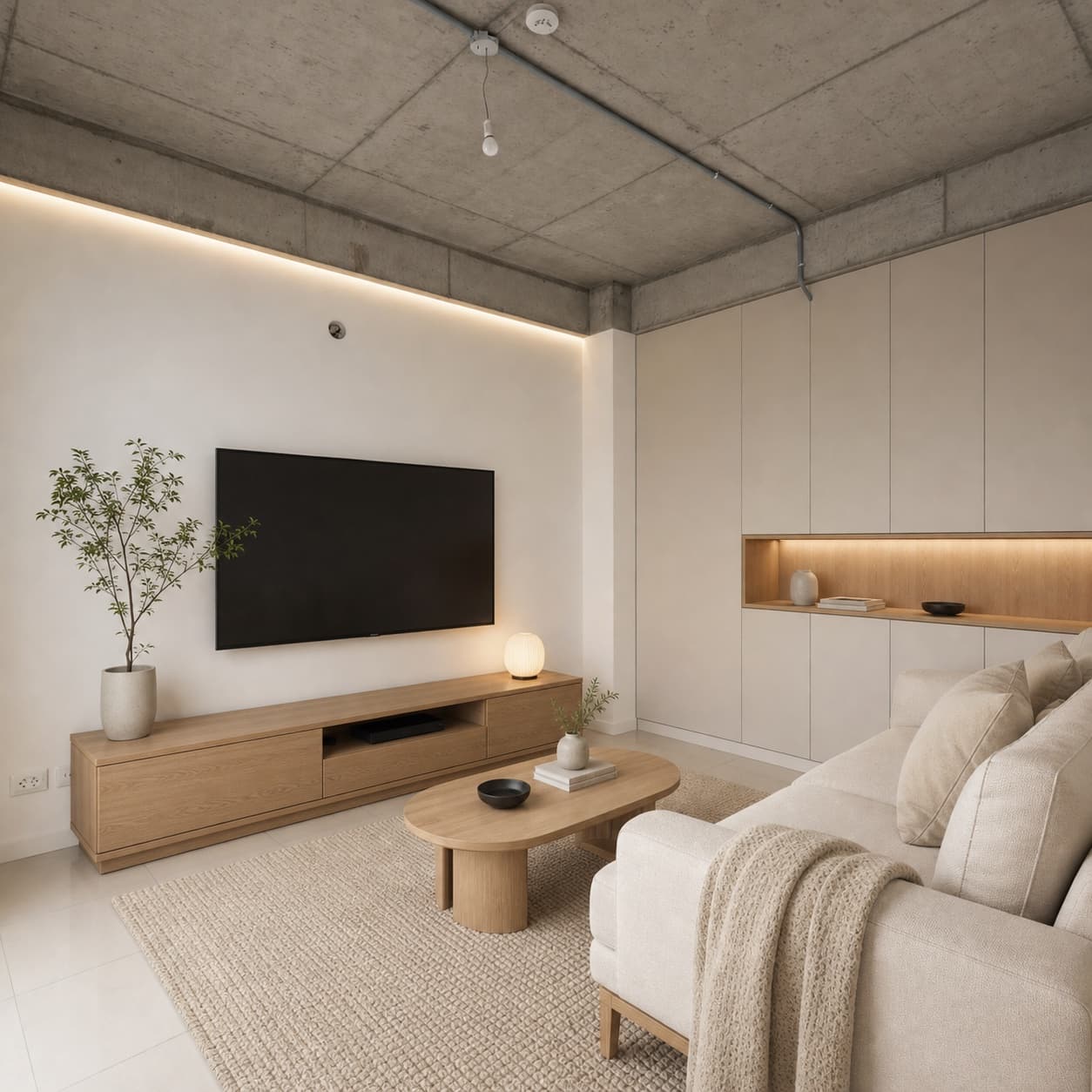 AI-redesigned Singapore HDB living room in Japandi style — generated by ElumiHome