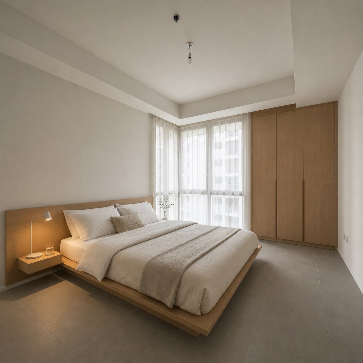 Muji minimalist AI redesign of condo bedroom
