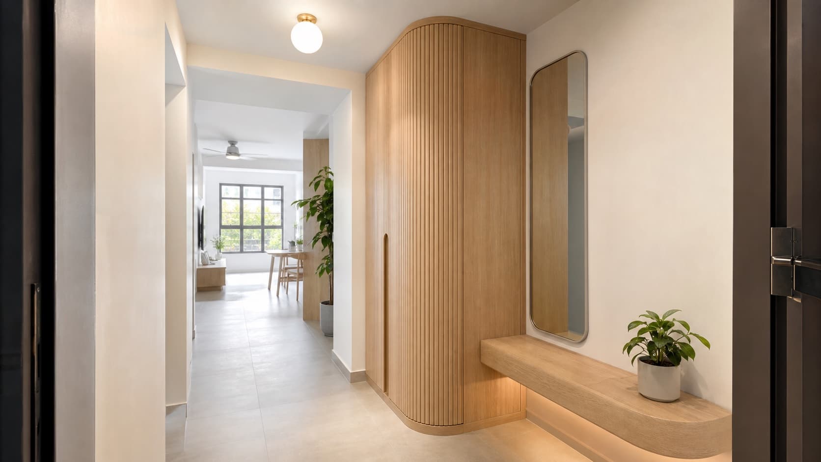 Light oak fluted foyer wall with mirror and floating shoe cabinet