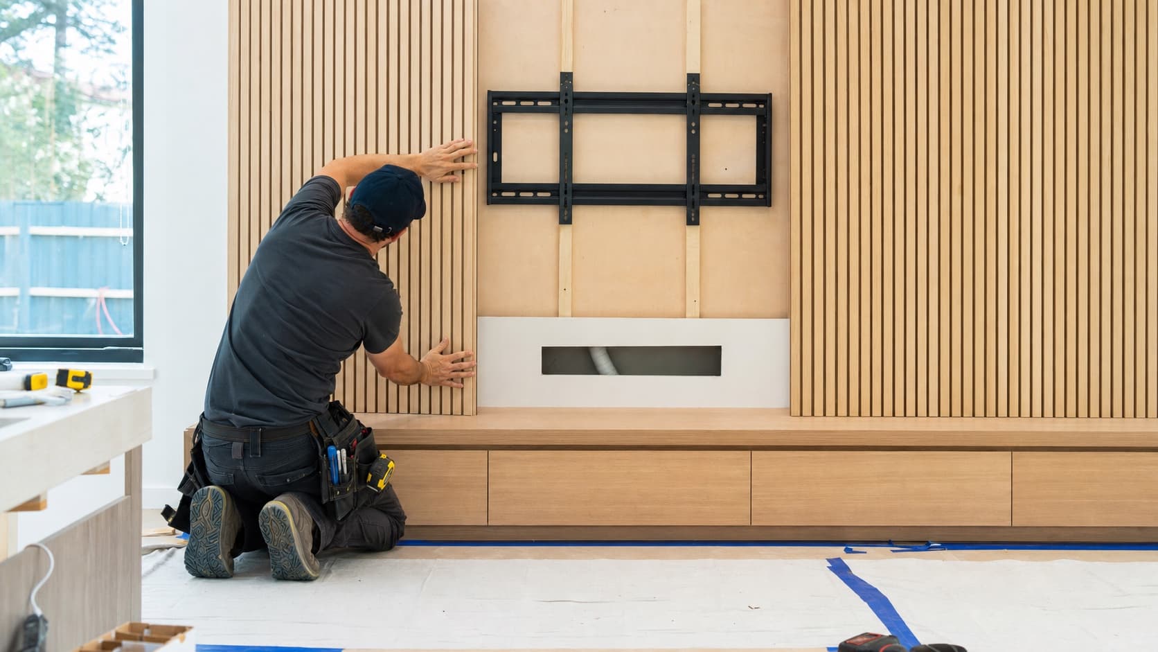 Installer aligning fluted wall panels with cable access beside a TV mount