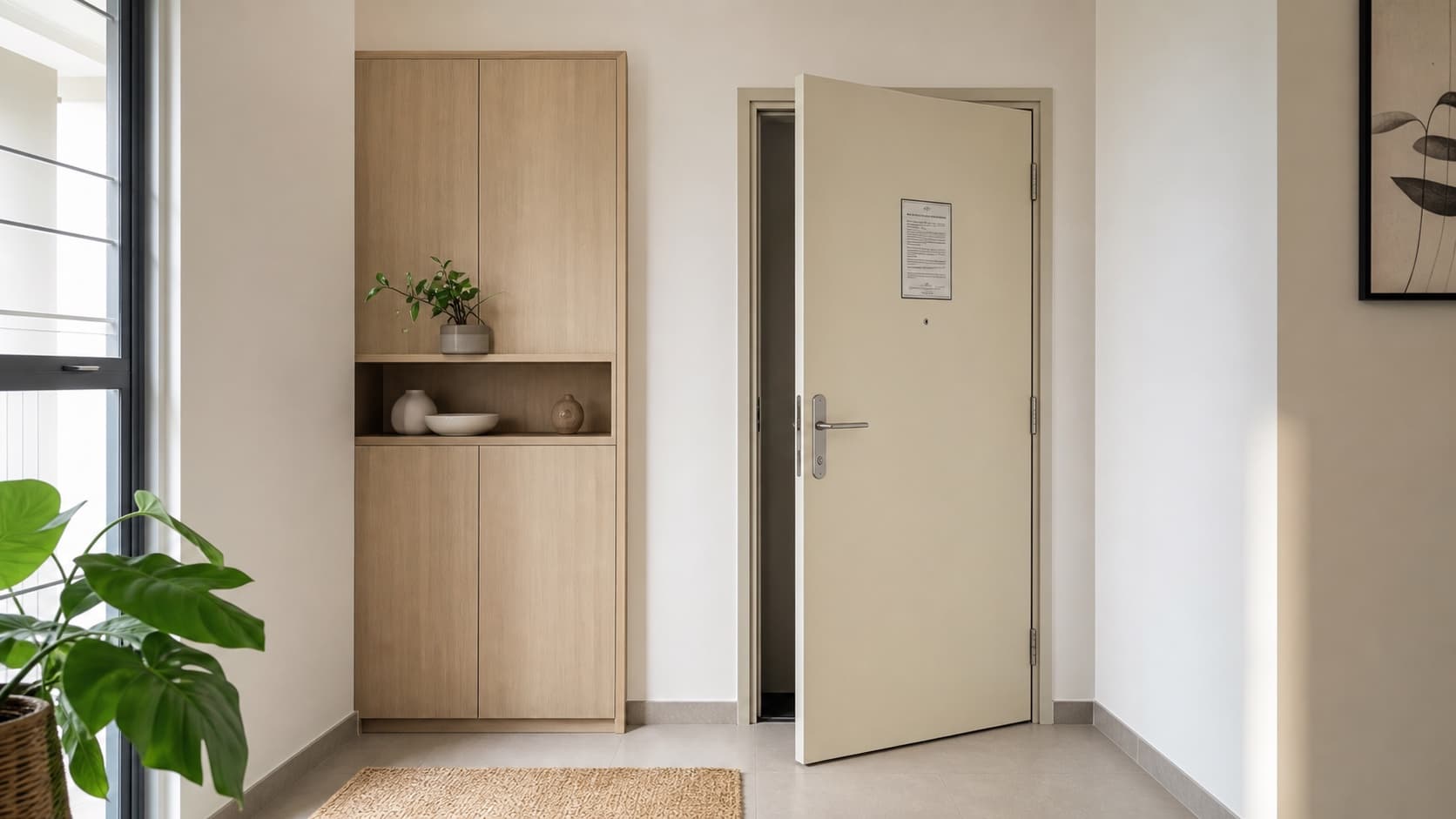 HDB foyer using colour blocking and adjacent carpentry to integrate a bomb shelter door