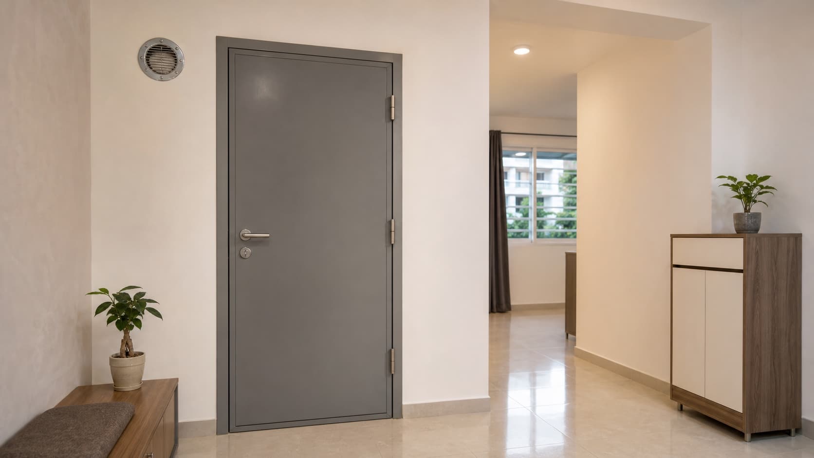 Unaltered HDB household shelter door and ventilation components in a clean foyer
