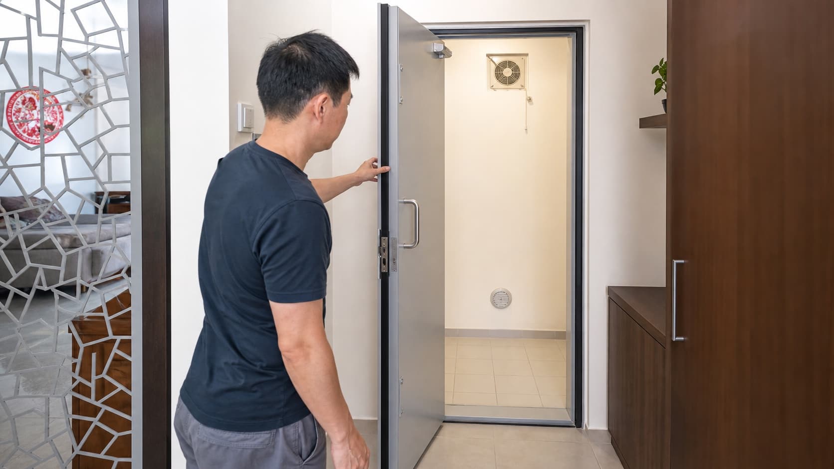 Homeowner checking that an HDB shelter door opens fully with ventilation clear
