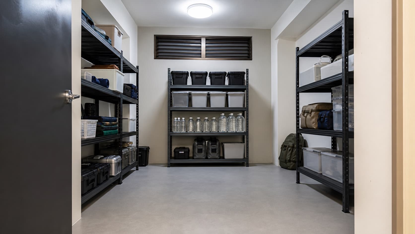 Organised household shelter with freestanding removable shelves and a clear central path