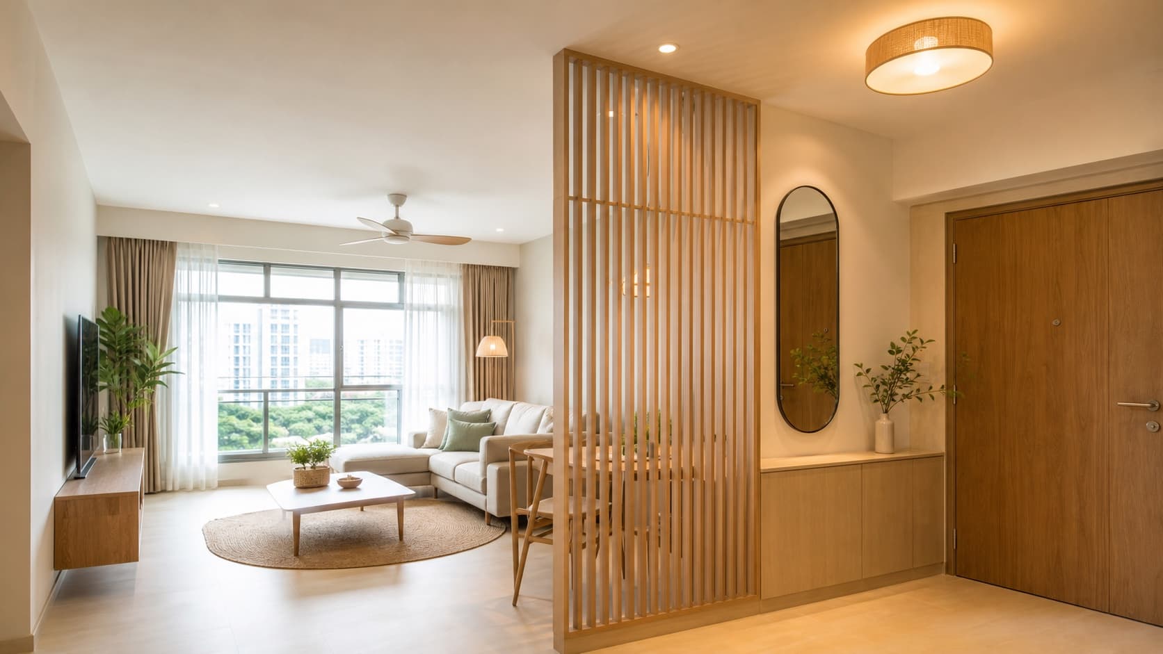 Bright HDB foyer with a mirror, warm lighting and a light timber privacy screen