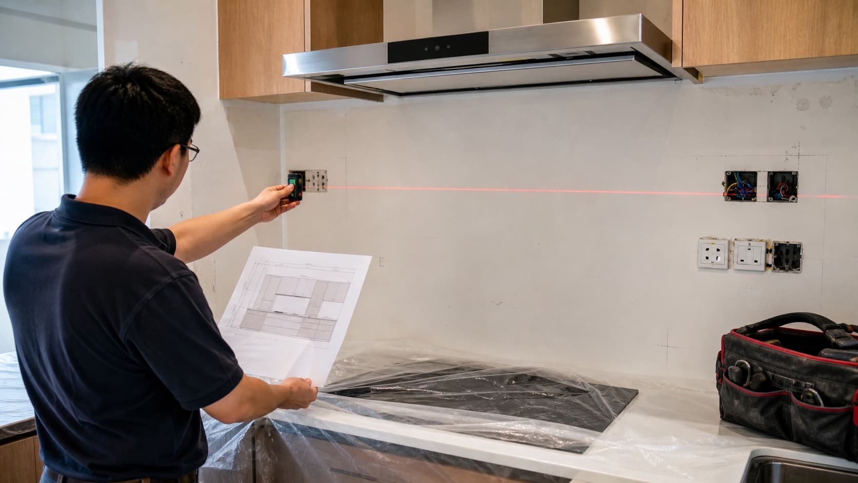 Kitchen designer measuring backsplash areas around sockets and a cooker hood