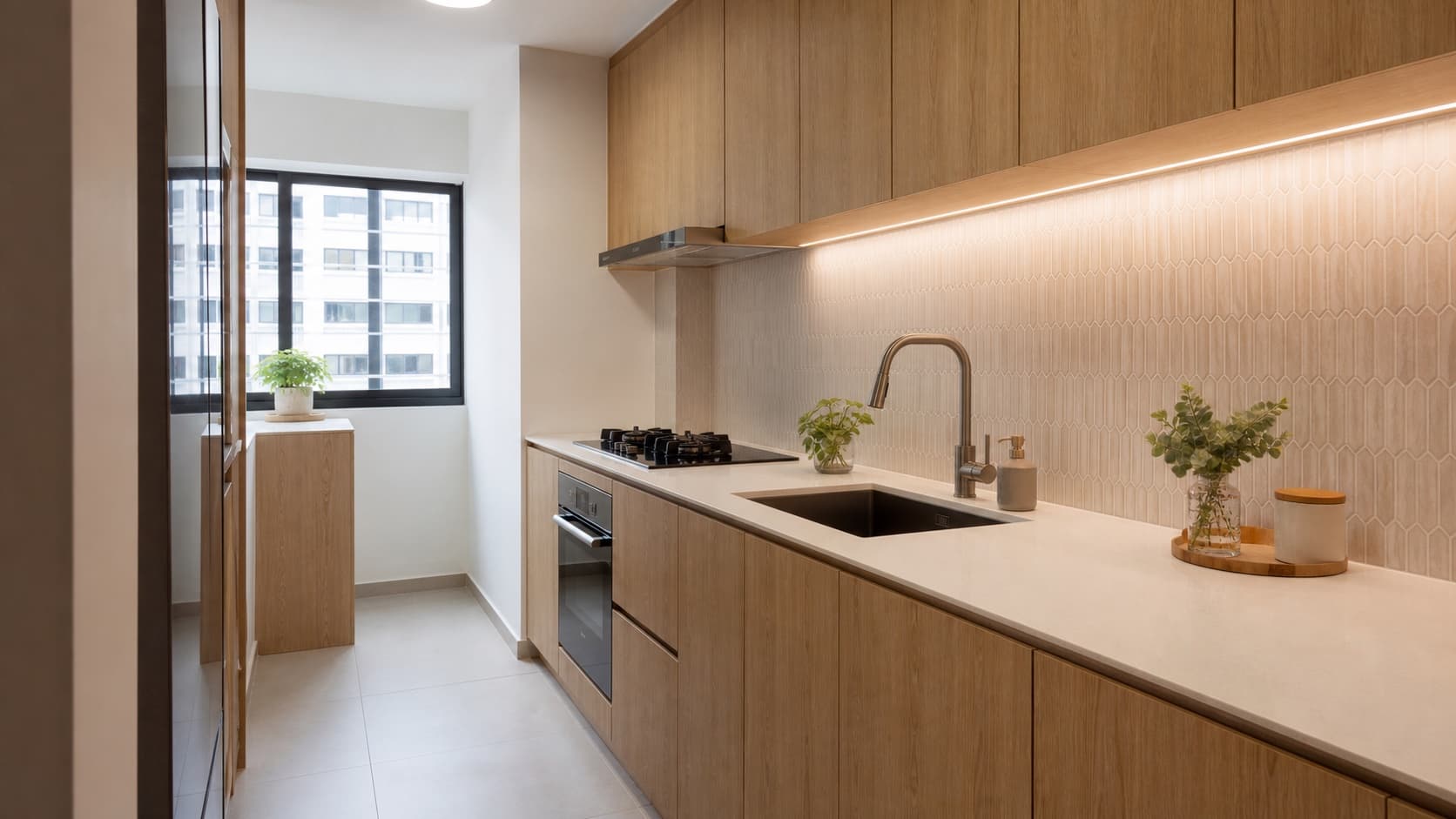 Compact HDB galley kitchen with a light patterned backsplash and oak cabinets