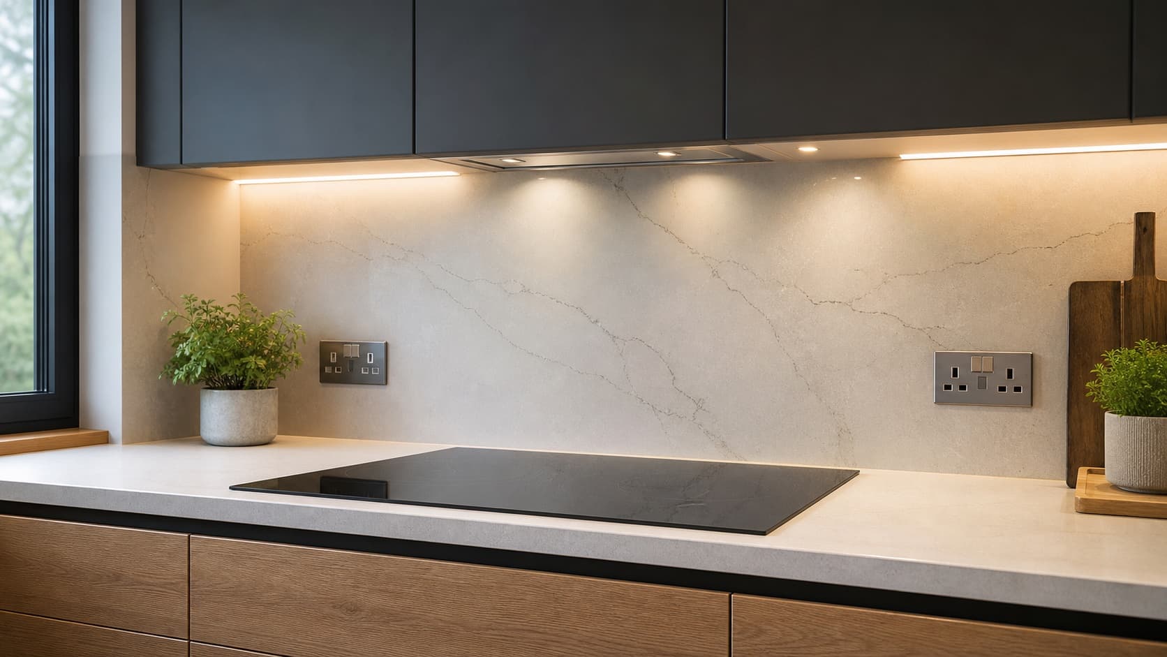 Finished backsplash detail around hob, sockets and under-cabinet lighting