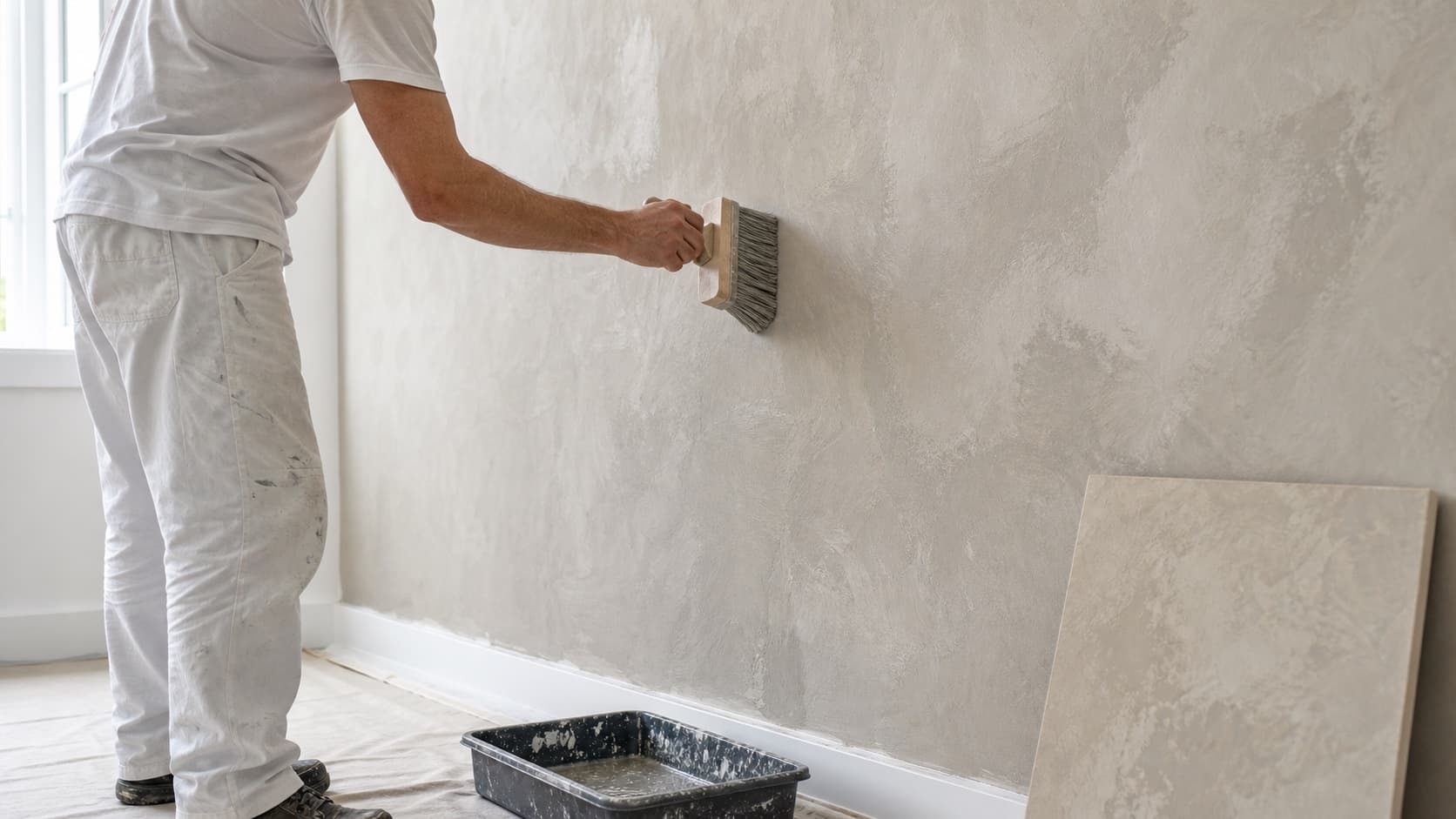 Painter applying a limewash effect with a broad brush on a prepared wall