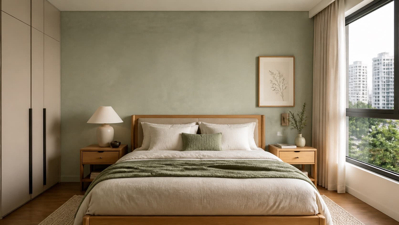 Muted sage limewash bedroom with natural timber furniture
