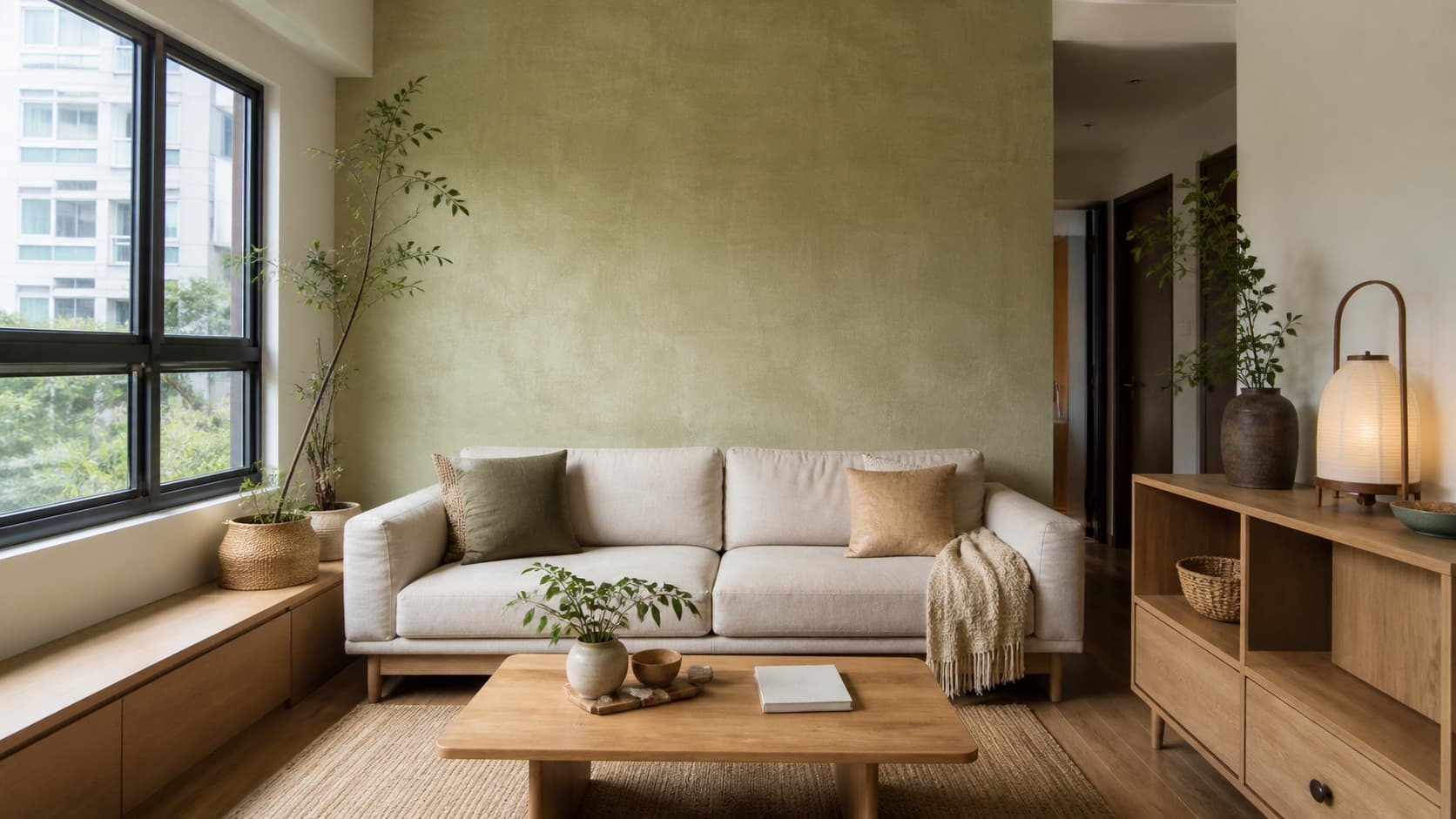 Warm limewash feature wall in a compact Singapore living room