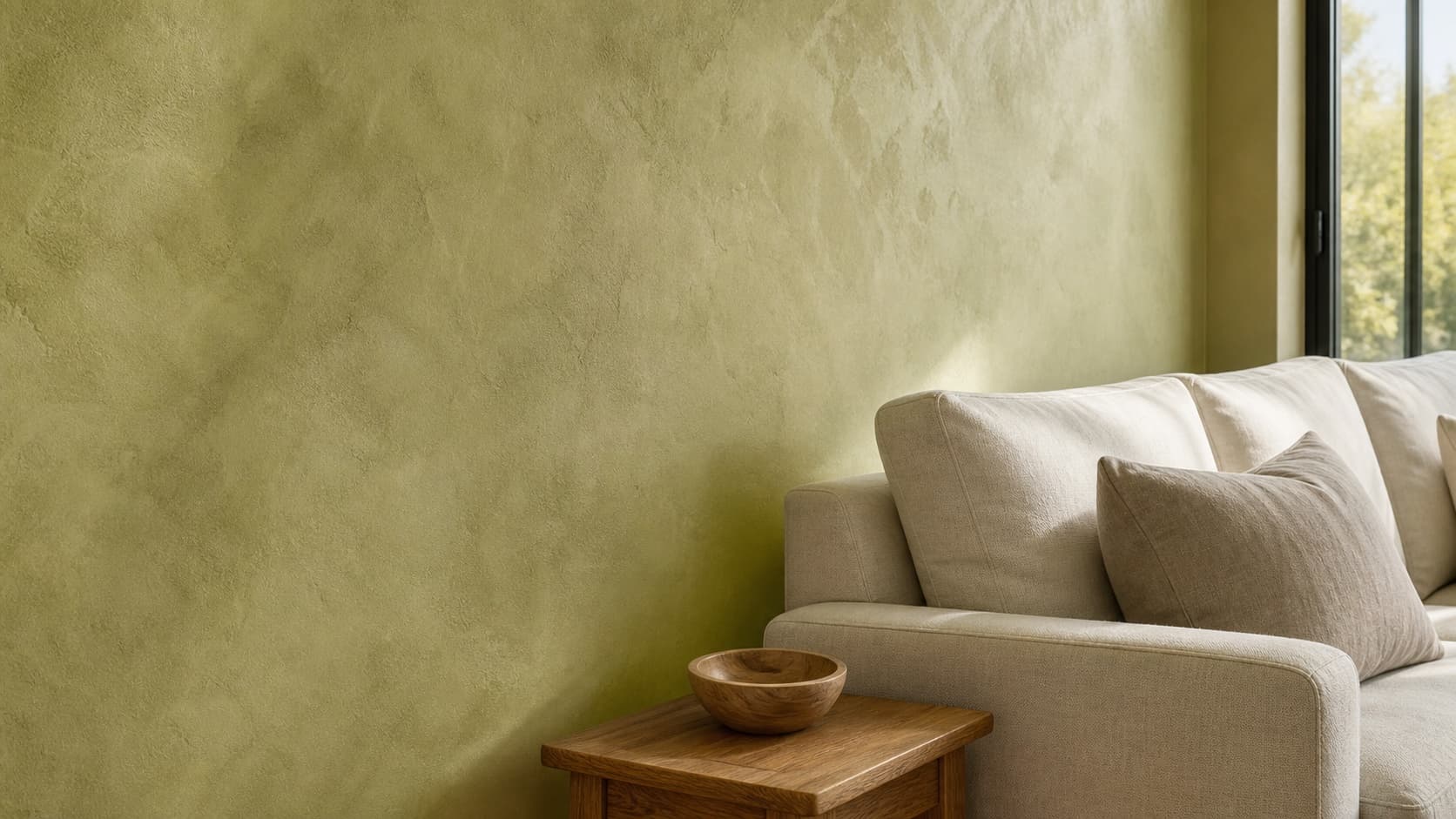 Close view of a finished limewash wall beside a sofa and soft daylight