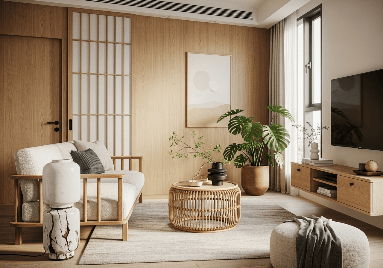 japandi design for 47 sqm 2-room flexi HDB living room